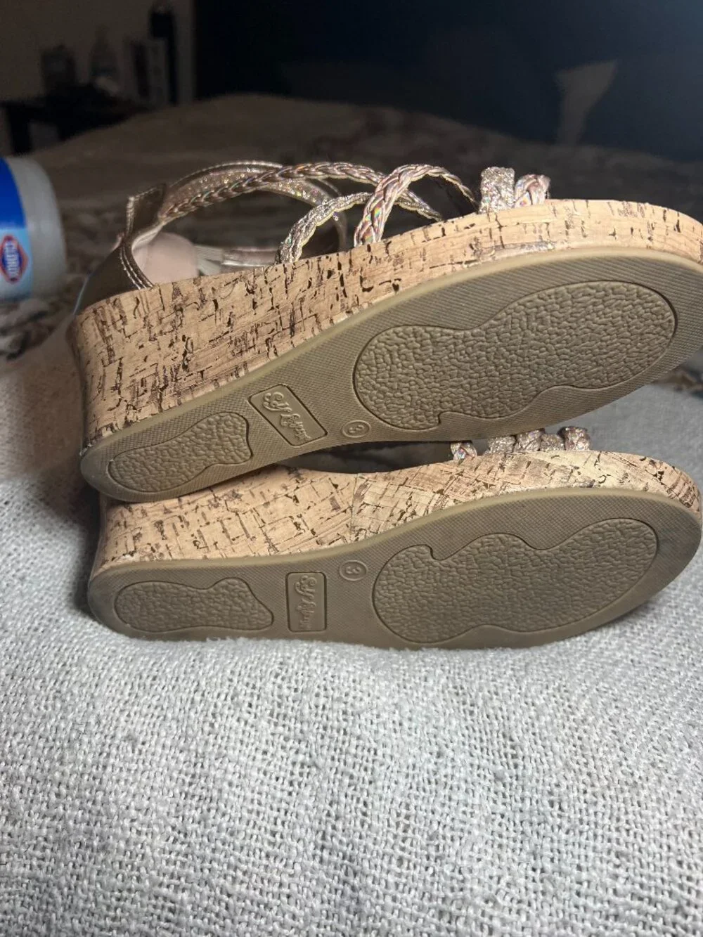 Self Esteem Girls Rose Gold Glitter Cork Wedge Sandals Size 3 – Worn Once – EUC